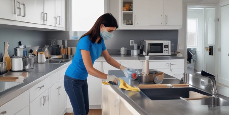 A person wearing protective clothing, a face mask, and gloves is cleaning a white cushioned furniture piece using a vacuum cleaner. The setting appears to be indoors with bright natural light streaming in through large windows. A green potted plant is placed next to a white sofa, adding a touch of nature to the clean and tidy environment.