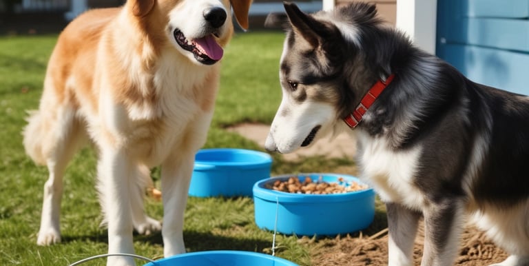 two dogs are standing in the grass near a house