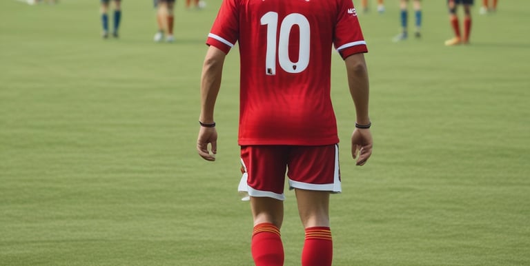 a young boy in a red uniform standing on a soccer field