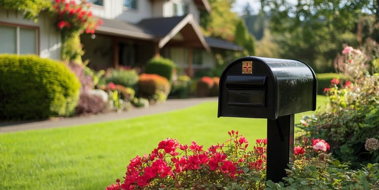 New mailbox in front of house with flowers