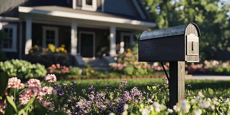 a refurbished mailbox that is infront of a house with flowers