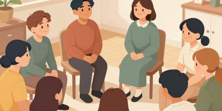 A person gently holds the hand of another seated individual, conveying a sense of comfort and support. The interaction takes place indoors, with a bright window in the background revealing green foliage and an orange railing. The lighting is soft and creates a warm atmosphere.