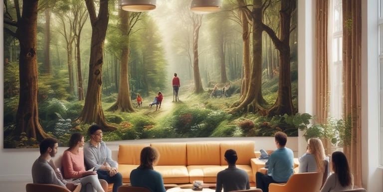 A person gently holds the hand of another seated individual, conveying a sense of comfort and support. The interaction takes place indoors, with a bright window in the background revealing green foliage and an orange railing. The lighting is soft and creates a warm atmosphere.