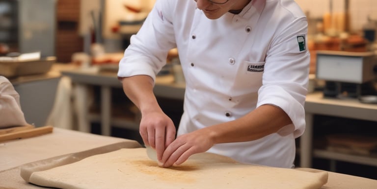 A baker wearing a white uniform and a red cap is carefully removing freshly baked bread from an industrial oven. The bread is displayed on a conveyor and appears golden brown with a dusting of flour on top. The setting is a commercial bakery with stainless steel equipment and machinery visible in the background.