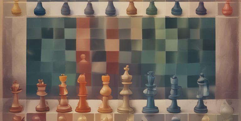 A detailed figurine resembling a knight chess piece is positioned on a red and black checkered board. The figure has intricate carvings and appears to be made of a light-colored material. In the background, additional blurred chess pieces are visible.