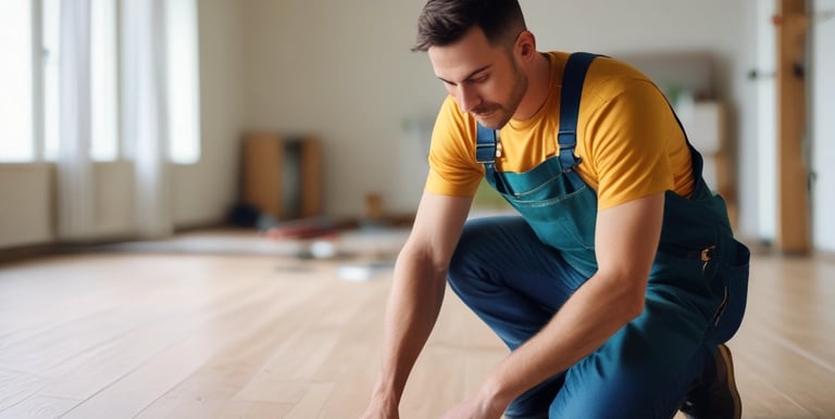 A person wearing protective gear including goggles, a face mask, and yellow rubber gloves is cleaning a window with a sponge in a well-lit room.