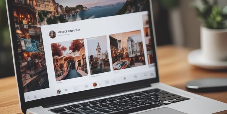 A person is holding a smartphone displaying a social media app, with various images on the screen. A camera and a disposable coffee cup are on a white surface nearby. The setting is well lit, creating a casual and focused atmosphere.