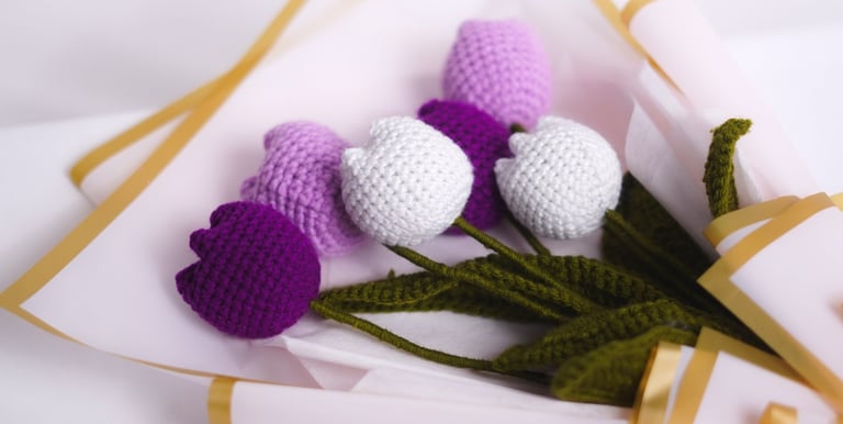 a crochet tulip bouquet symbolizing love that doesn't wither