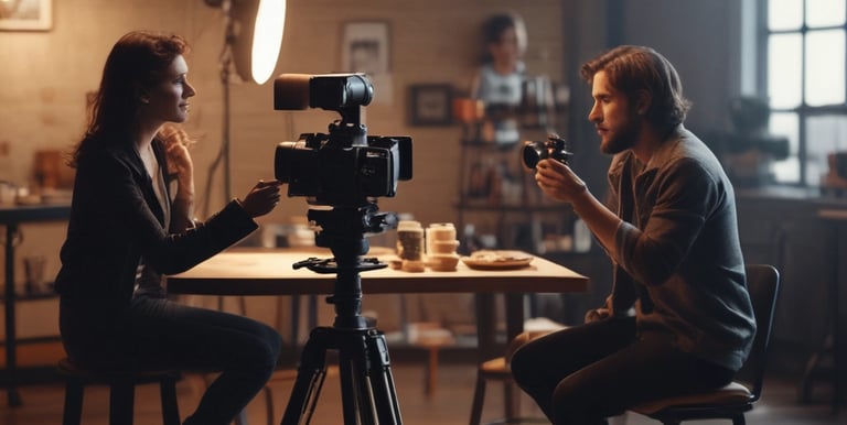 A group of people is engaged in a video production setting. Two individuals in the foreground are seated; one of them is wearing a headset and holding a device with various buttons, the other appears to be observing. In the background, three other people are standing, with one person looking at a video camera setup on a tripod. The room has futuristic, minimalist decor with white walls and a large, circular light fixture on the ceiling.