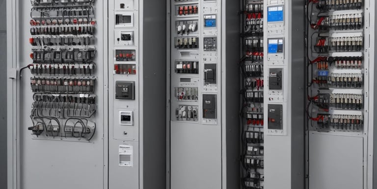 An electrical control panel is mounted on a textured gray wall. The panel consists of two units: one is a smaller beige box with a window displaying internal components, and a warning sign with Chinese characters and a lightning bolt symbol. The other box is larger, white, and features an illustration of a cartoon character wearing a helmet and armor, riding a skateboard in a dynamic pose.