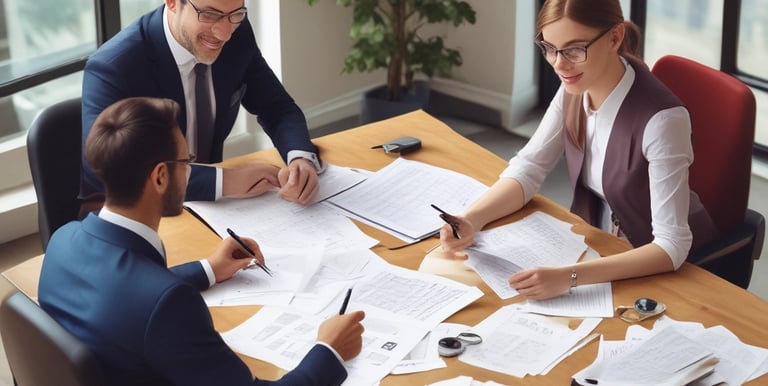 A professional consultation setting with a medical professional sitting at a desk facing a client. The room has a modern aesthetic with white walls decorated with framed certificates. The desk is organized with office supplies, a laptop, and a fruit bowl in the center.