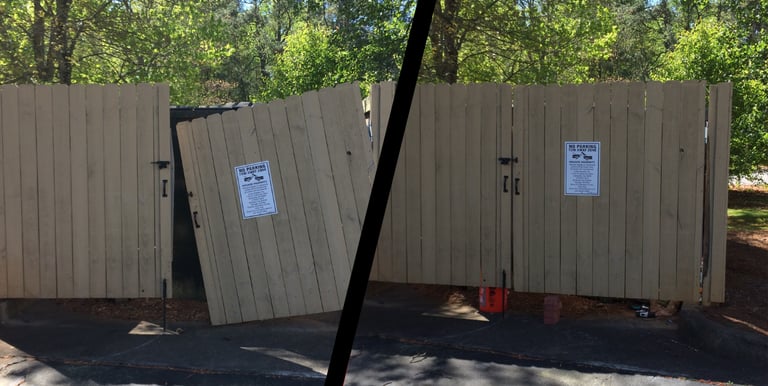 Damaged wood fence (wood commercial dumpster enclosure fence) repair
