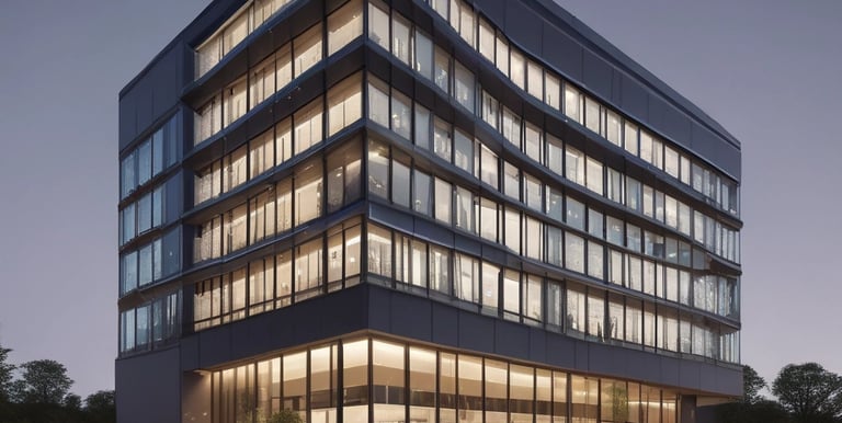 A multi-story building with numerous windows and air conditioning units lining the walls. The structure has a corrugated rooftop, and solar panels are visible in the foreground. The scene includes surrounding greenery and trees, with a view extending to distant housing structures under a partly cloudy sky.