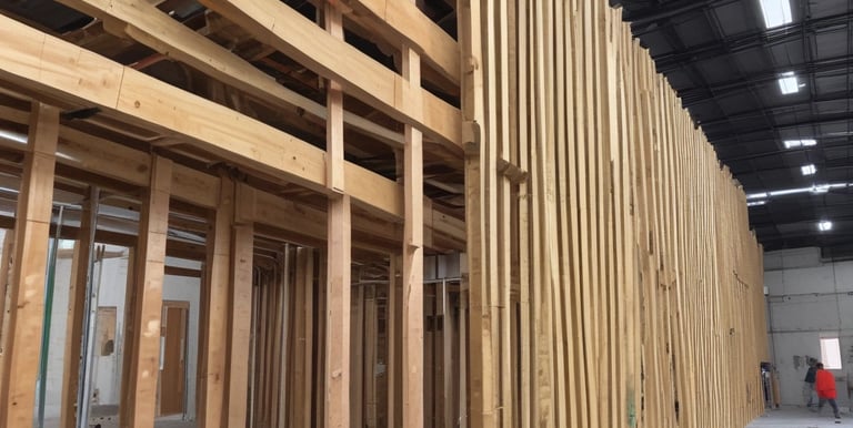 A large construction crane with caterpillar tracks is positioned on a wooden platform, surrounded by construction materials and dirt. The yellow and black striped pattern on the crane's counterweight is prominent. In the background, there are residential buildings and trees under a clear sky.