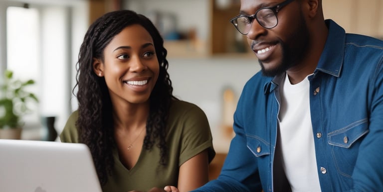 A friendly consultant discussing options with a client over a laptop.
