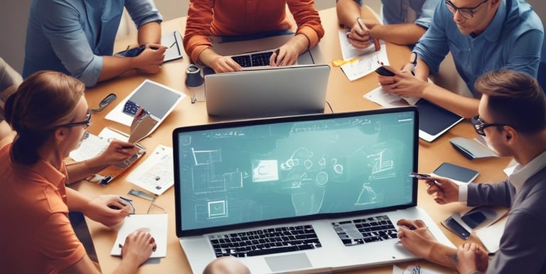 a group of people sitting around a table with laptops