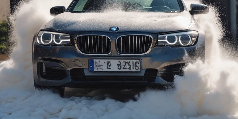 A close-up view of a car being washed with a stream of water directed at the front. The water creates a misty effect as it hits the car's surface, which is glossy and dark in color. The image highlights the car's headlight and the smooth contours of its body.