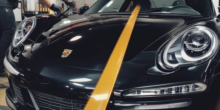 A man is carefully polishing a black car with a buffer in a garage setting. The focus is on his concentration and the shiny surface of the vehicle. He is seated on a small rolling stool to comfortably reach the side of the car.