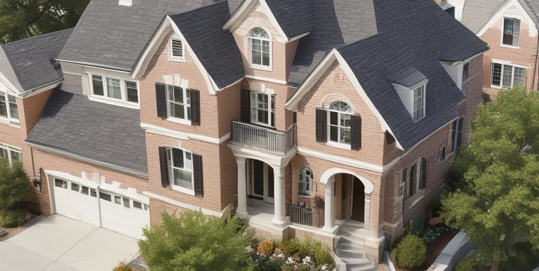 The aerial view captures a densely packed urban area with various multi-story buildings. The architecture includes both residential and commercial structures with flat rooftops. Some rooftops have solar panels, and one prominently features an 'e-tax' logo. The scene is dominated by concrete and asphalt but is interspersed with patches of greenery.