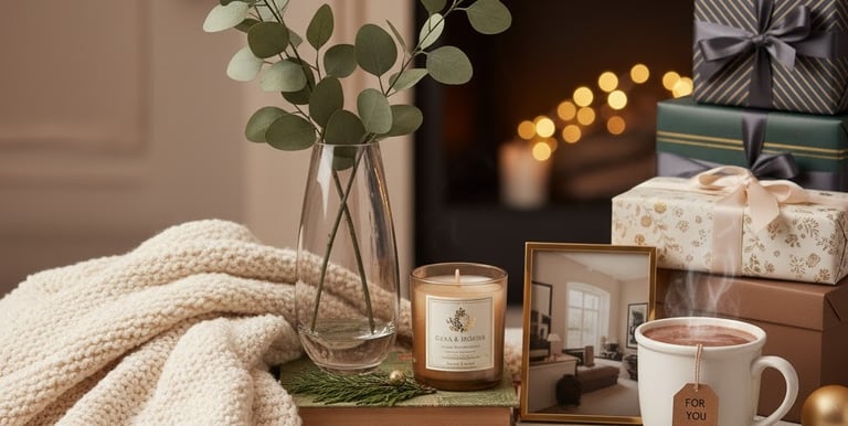 Šventinė kompozicija su balta vaza, eukalipto šaka, knygomis, aromatine žvake, paveikslėlio rėmeliu