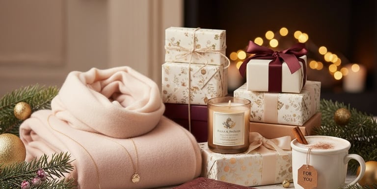 Šventinė kompozicija su įpakuotomis dovanomis, rožinės spalvos megztiniu, auksiniu pakabuku, aromati