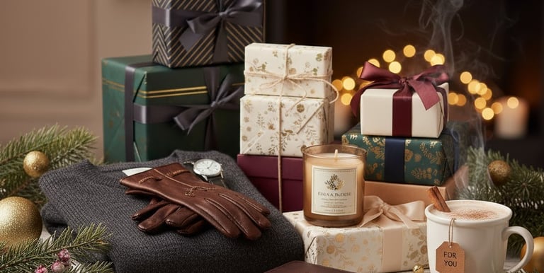 Šventinė kompozicija su įpakuotomis dovanomis, tamsiu megztiniu, rudomis odinėmis pirštinėmis, laikr