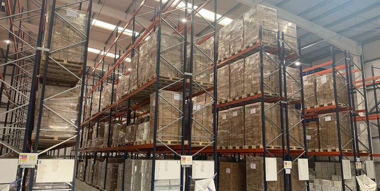tall pallet racking in narrow aisle configuration with rack end protectors  
