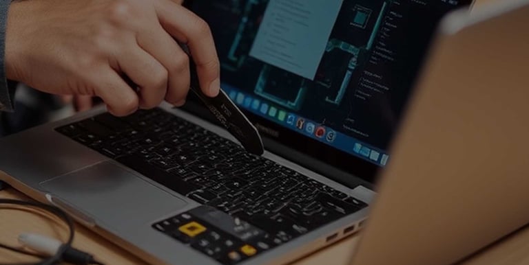 a person is using a laptop computer and a pen