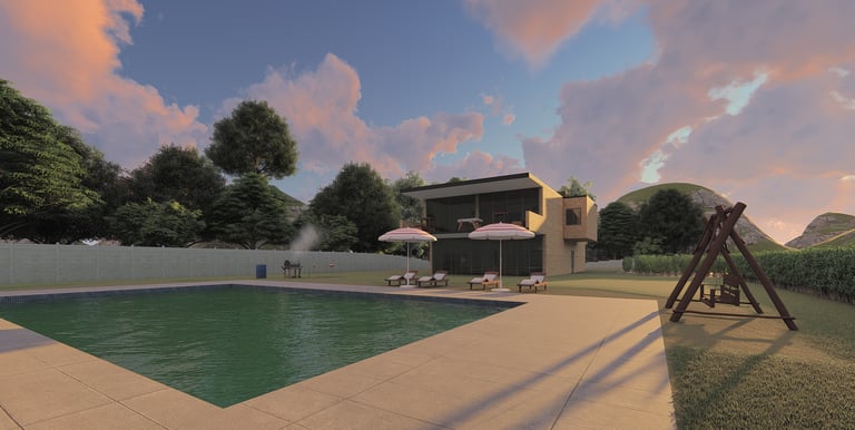 Modern luxury villa with a swimming pool, lounge chairs, and garden at sunset.