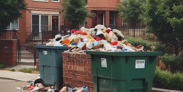 A blue dumpster with weathered paint and the words 'Fatin Soe Lixo' is situated on a street adjacent to a parked vehicle labeled 'HW Lifestyle.' The setting includes lush green trees providing shade over the street, while a pedestrian area with benches is visible in the background.