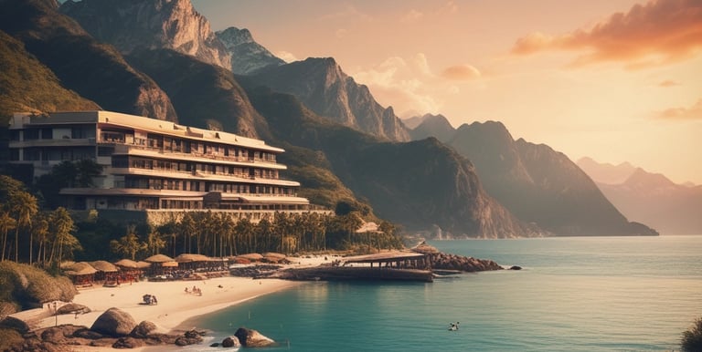 A scenic view of a tropical beach with clear blue waters and palm trees.