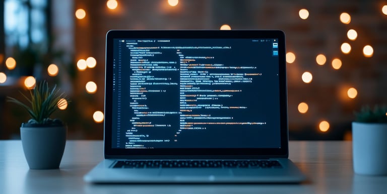 Laptop in calming setting with code depicted on laptop screen.