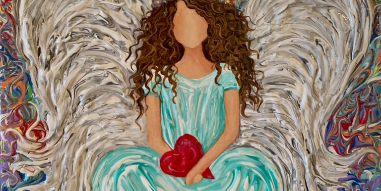 angel with wings wearing green dress