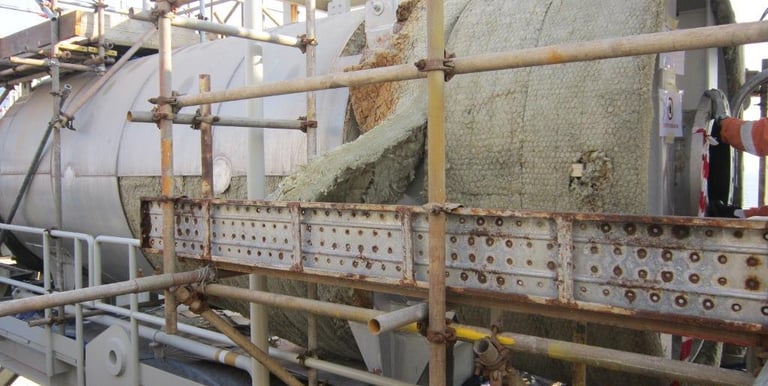 Industrial boiler with damaged thermal insulation and scaffolding at an oil and gas facility.
