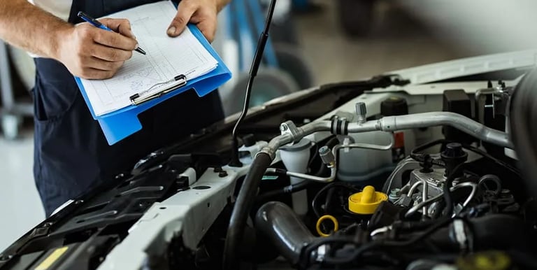man with blue clipboard evaluating a car's engine.