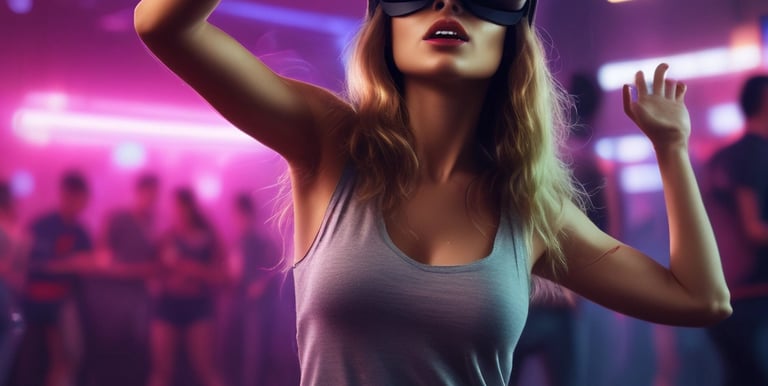 A young boy wearing a virtual reality headset appears to be engaged and surprised. The environment is indoors, with soft lighting and a blurred background. The boy is wearing a casual grey T-shirt, and the headset has glowing blue lights.