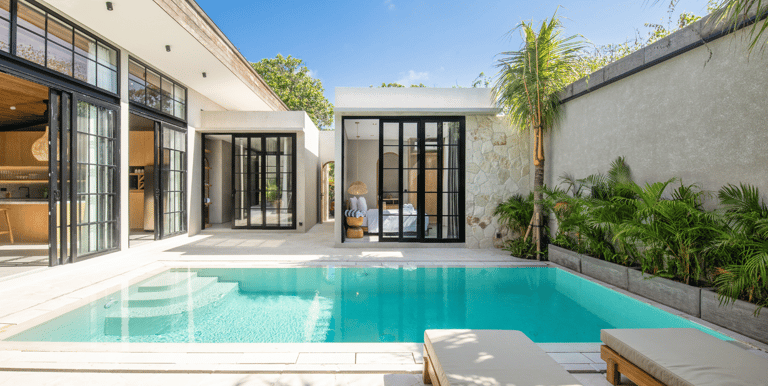 European inspired villa with master bedroom facing the turqoise blue swimming pool