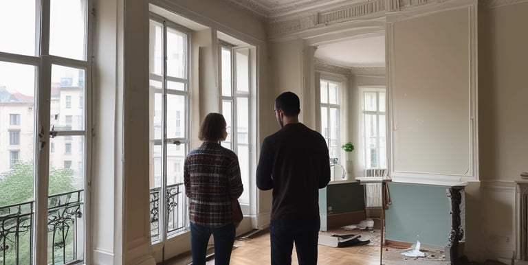 A group of people dressed in formal attire are standing in front of a real estate office. The storefront displays a large sign with an URL and various social media icons, and text in a foreign language. The group mostly consists of men in white shirts and dark trousers, standing in a straight line, with two women at either end of the row.