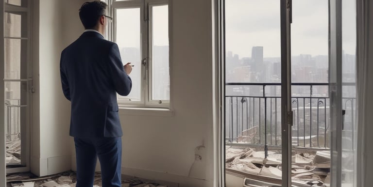 A group of people dressed in formal attire are standing in front of a real estate office. The storefront displays a large sign with an URL and various social media icons, and text in a foreign language. The group mostly consists of men in white shirts and dark trousers, standing in a straight line, with two women at either end of the row.
