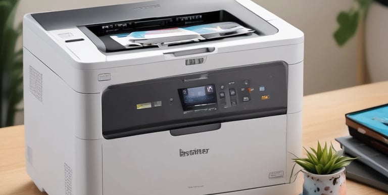 A beige laser printer sits on a dark surface against a textured orange wall. The printer has a compact design, featuring a small control panel and a paper tray visible at the bottom.