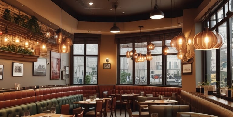 A dimly lit restaurant dining area featuring a warm, glowing neon sign reading 'Italyan Pizza - Makarna', surrounded by wooden tables arranged in a row. Chairs are neatly tucked under the tables, and the interior extends into the background with shelves and a counter visible. The ambiance suggests a cozy, intimate dining experience.
