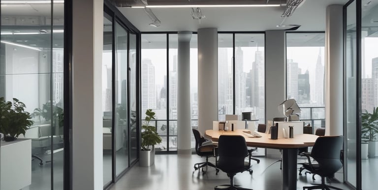 Oficina moderna con sala de juntas, mesa redonda y ventanales con vista a la ciudad.