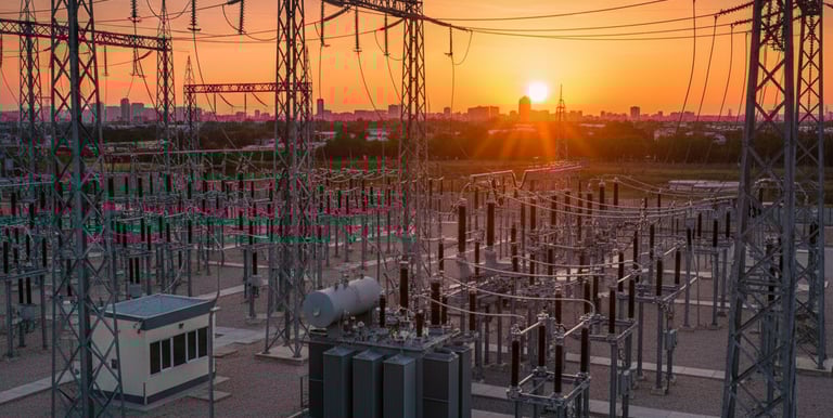 Subestación eléctrica con transformador principal al atardecer y líneas de alta tensión