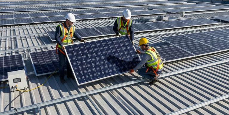 Tres técnicos instalando paneles solares fotovoltaicos en la cubierta de un almacén industrial