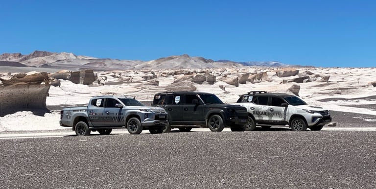 Comboio do Dakar Overland (Triton, Defender e SW4) na Expedição Catamarca, no Campo de Piedra Pomez.
