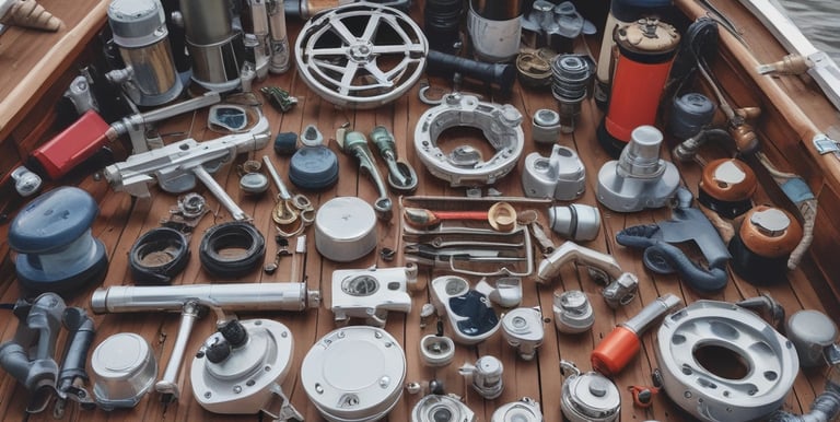 A collection of various marine hardware items displayed on a wooden surface.