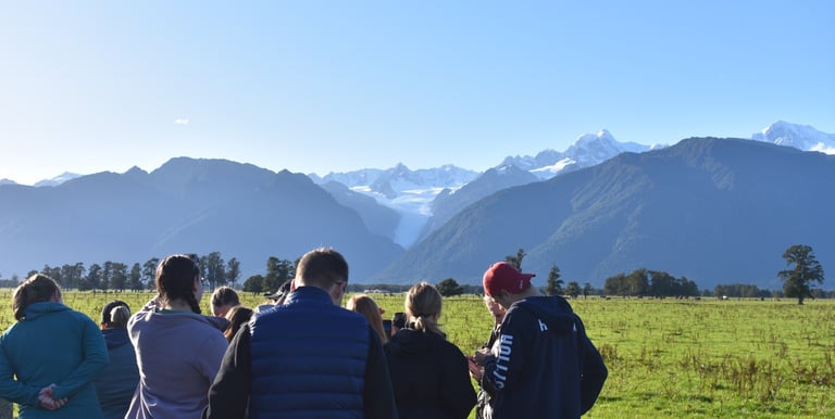 group overlooking fox glacier on a tour in new zeland 