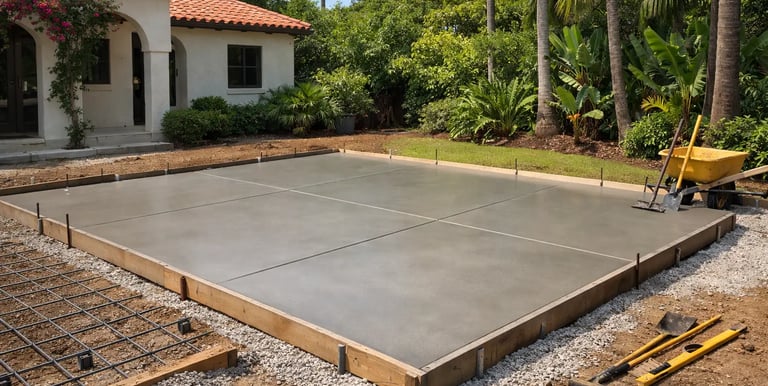 residential construction site in Coral Gables, Florida, showing a newly poured reinforced concrete slab foundation