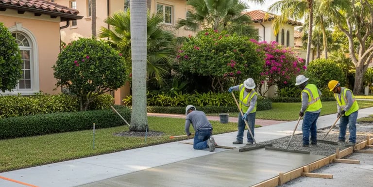 construction crew in high-visibility vests working on a new residential sidewalk in Coral Gables, Florida