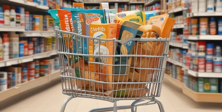 A delivery truck loaded with various consumer goods on a city street.